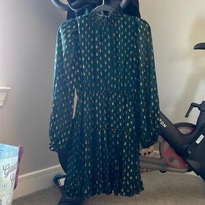 OPT Emerald Green Gold Metallic Smocked Dress